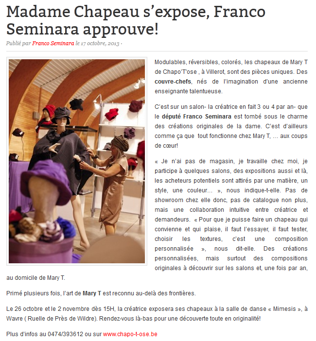 Madame Chapeau s'expose, Franco Seminara approuve!